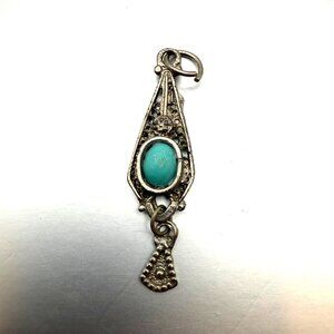 Vintage Turquoise Color Stone Pendant Silver Tone Artisan Charm